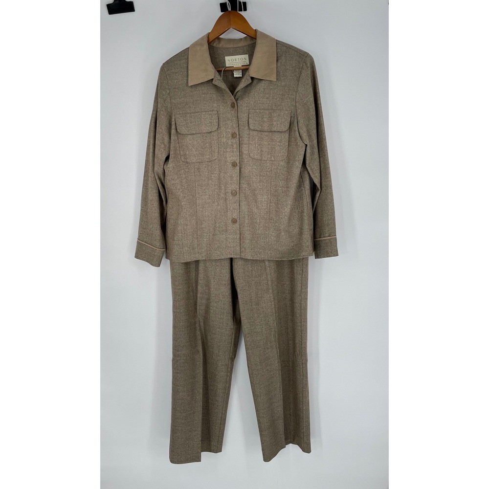 Norton McNaughton Vintage Tan Marl Pant Suit Faux Suede Collar 2 Piece Set 12/14